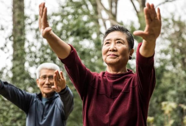 elderly couple practicing tai chi